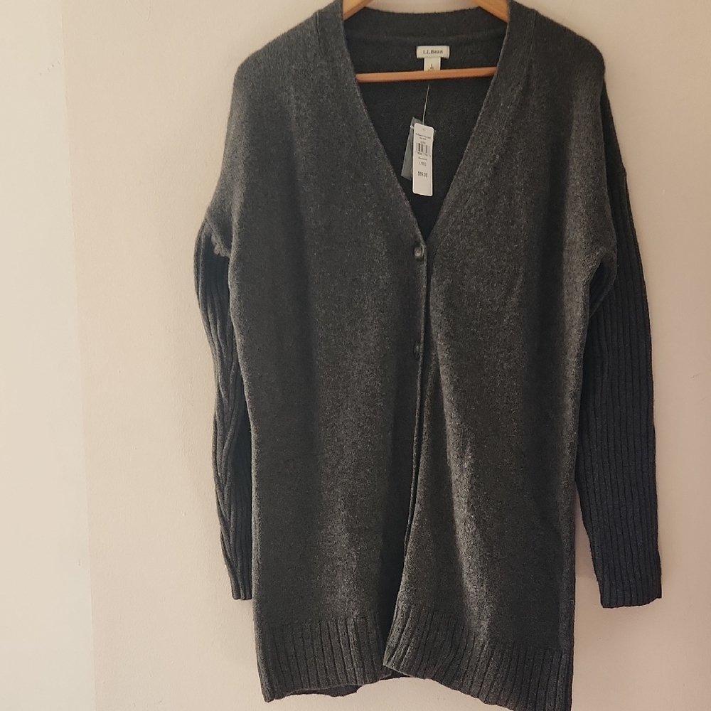 NWT L.L.Bean Dark Gray Cotton Wool V-neck Long Sleeve Cardigan Size L womens